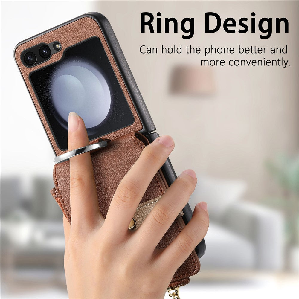 For Samsung Galaxy Z Flip7 FE 5G / Z Flip6 5G Case Zipper Pocket Leather+PC Phone Cover with Ring Holder - Brown
