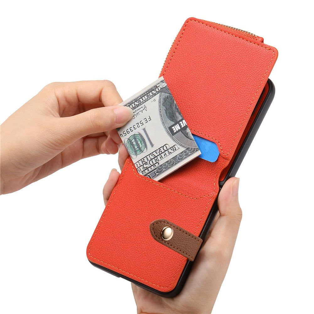 For Samsung Galaxy Z Flip7 FE 5G / Z Flip6 5G Case Zipper Pocket Leather+PC Phone Cover with Ring Holder - Orange