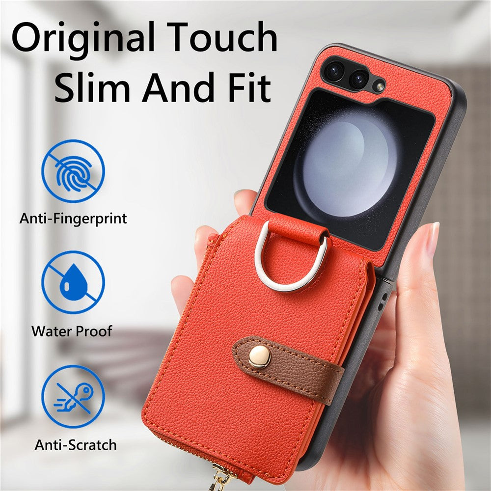 For Samsung Galaxy Z Flip7 FE 5G / Z Flip6 5G Case Zipper Pocket Leather+PC Phone Cover with Ring Holder - Orange