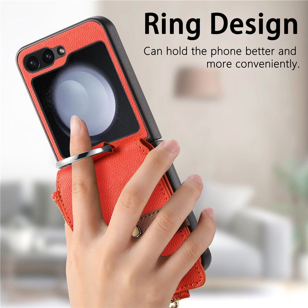 For Samsung Galaxy Z Flip7 FE 5G / Z Flip6 5G Case Zipper Pocket Leather+PC Phone Cover with Ring Holder - Orange