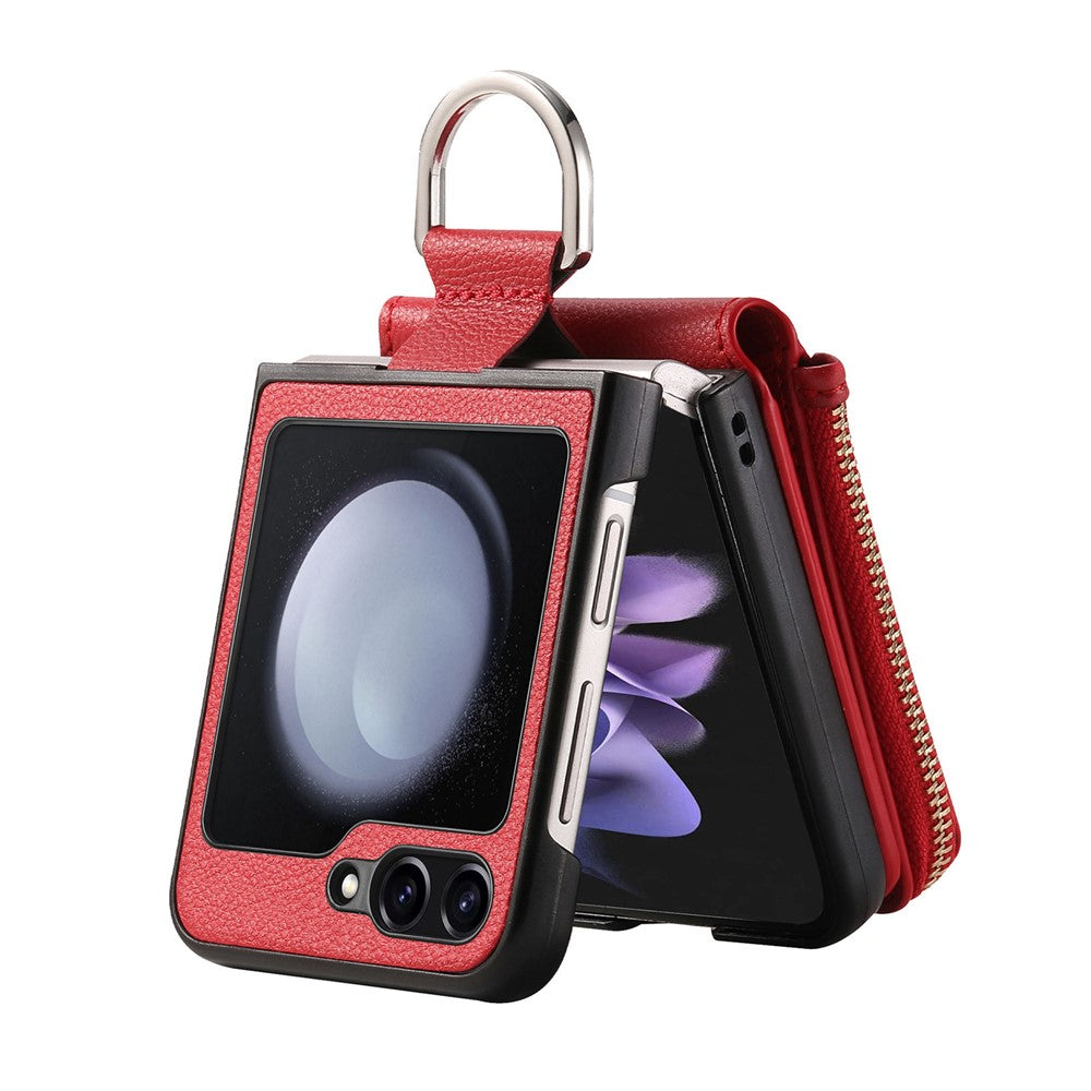 For Samsung Galaxy Z Flip7 FE 5G / Z Flip6 5G Case Zipper Pocket Leather+PC Phone Cover with Ring Holder - Red
