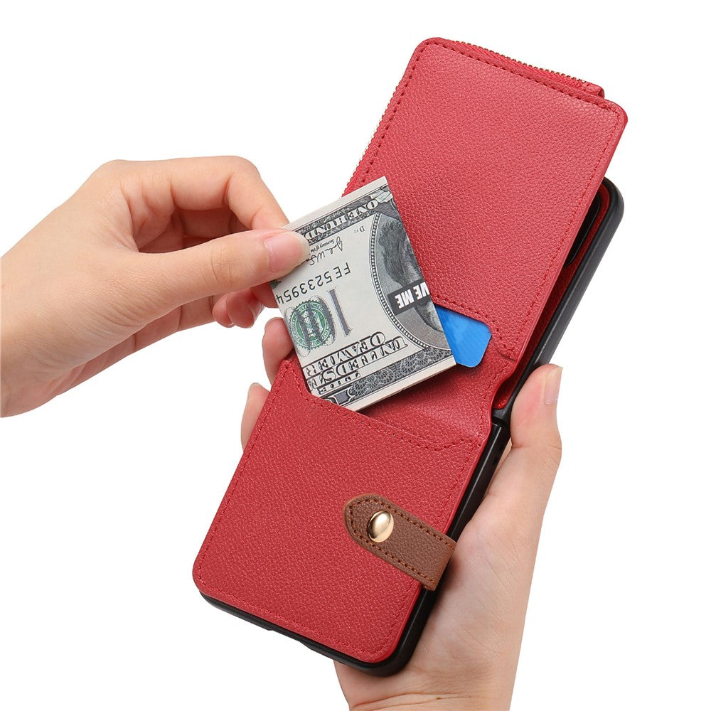 For Samsung Galaxy Z Flip7 FE 5G / Z Flip6 5G Case Zipper Pocket Leather+PC Phone Cover with Ring Holder - Red