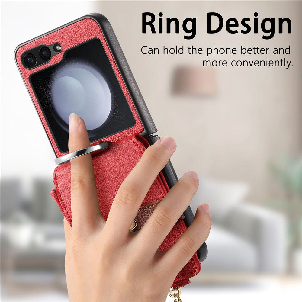 For Samsung Galaxy Z Flip7 FE 5G / Z Flip6 5G Case Zipper Pocket Leather+PC Phone Cover with Ring Holder - Red