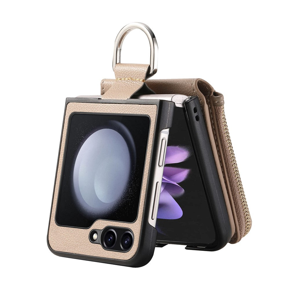 For Samsung Galaxy Z Flip7 FE 5G / Z Flip6 5G Case Zipper Pocket Leather+PC Phone Cover with Ring Holder - Khaki