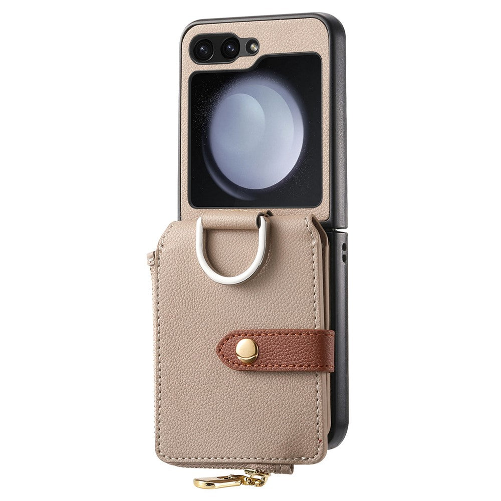For Samsung Galaxy Z Flip7 FE 5G / Z Flip6 5G Case Zipper Pocket Leather+PC Phone Cover with Ring Holder - Khaki