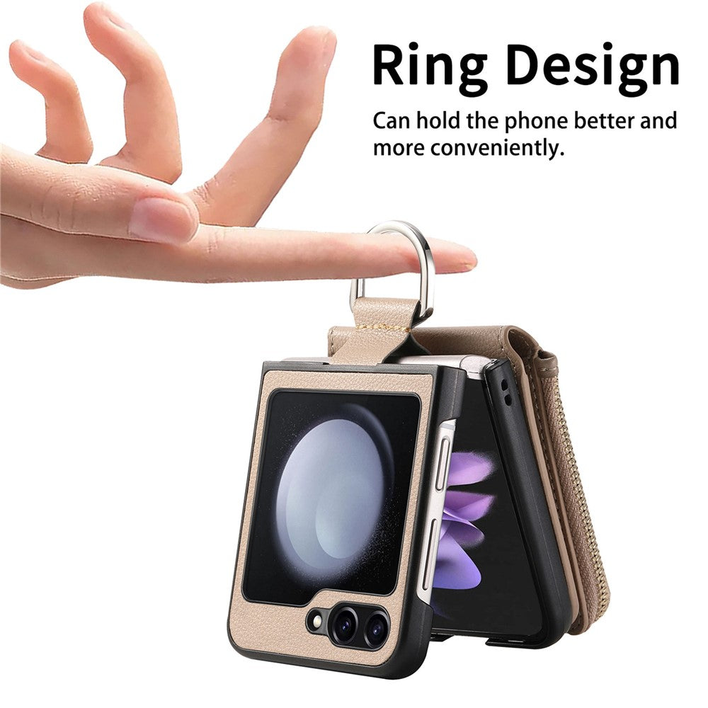 For Samsung Galaxy Z Flip7 FE 5G / Z Flip6 5G Case Zipper Pocket Leather+PC Phone Cover with Ring Holder - Khaki