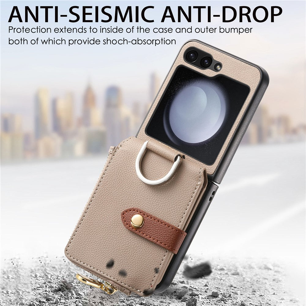 For Samsung Galaxy Z Flip7 FE 5G / Z Flip6 5G Case Zipper Pocket Leather+PC Phone Cover with Ring Holder - Khaki