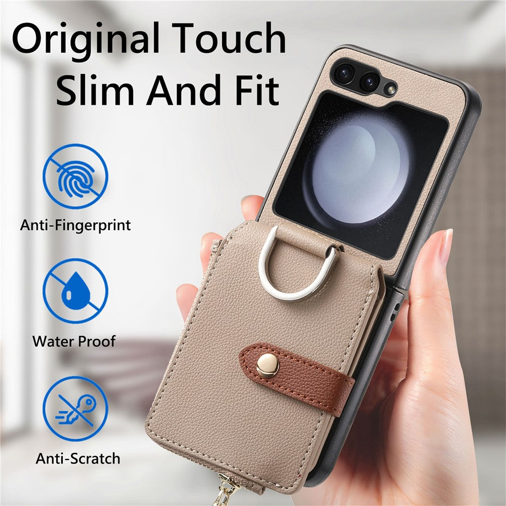 For Samsung Galaxy Z Flip7 FE 5G / Z Flip6 5G Case Zipper Pocket Leather+PC Phone Cover with Ring Holder - Khaki