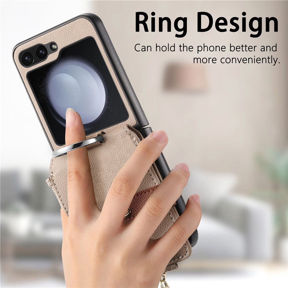 For Samsung Galaxy Z Flip7 FE 5G / Z Flip6 5G Case Zipper Pocket Leather+PC Phone Cover with Ring Holder - Khaki