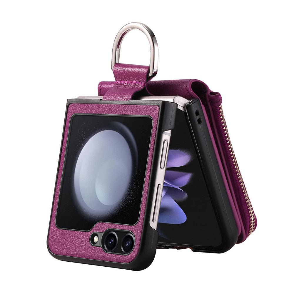 For Samsung Galaxy Z Flip7 FE 5G / Z Flip6 5G Case Zipper Pocket Leather+PC Phone Cover with Ring Holder - Purple