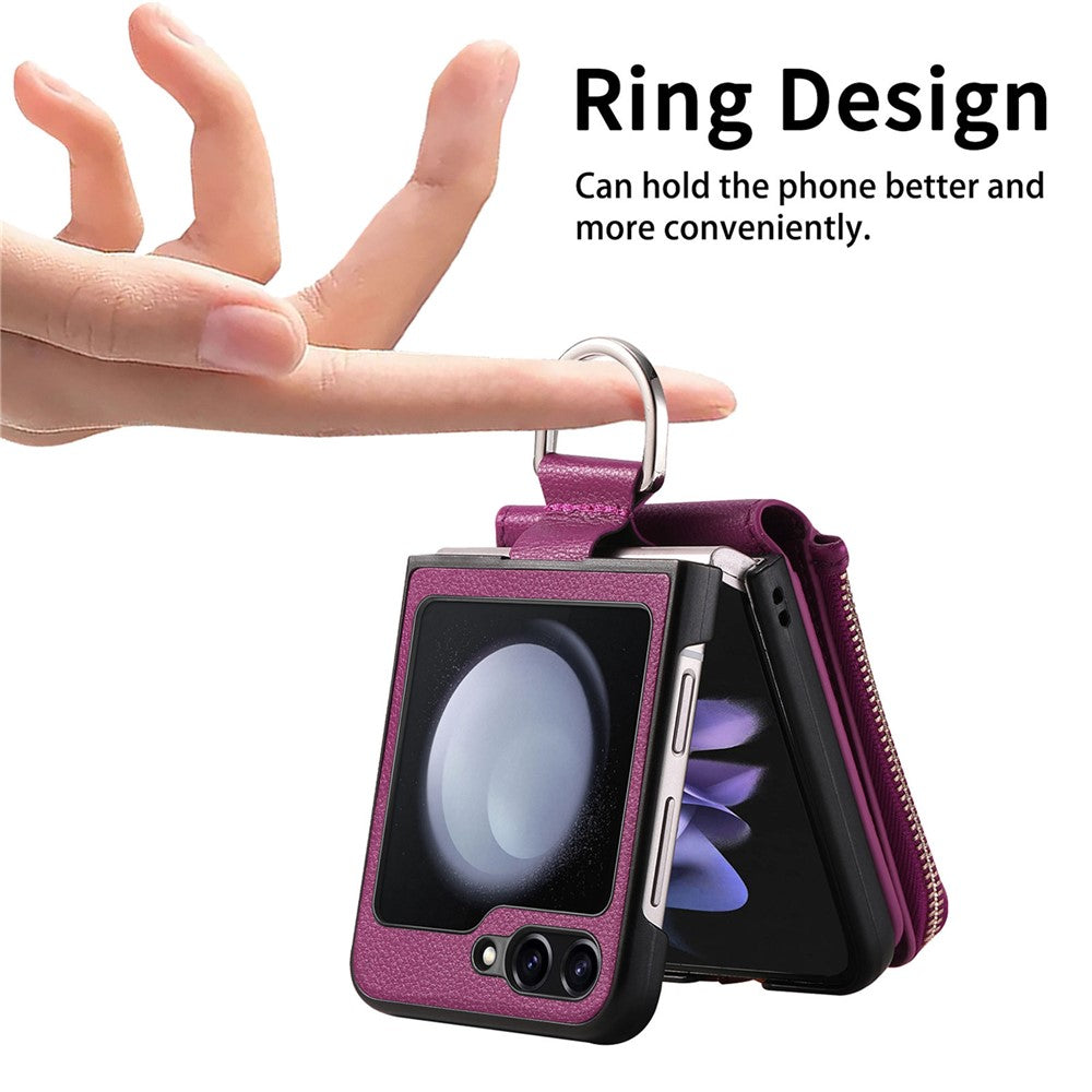 For Samsung Galaxy Z Flip7 FE 5G / Z Flip6 5G Case Zipper Pocket Leather+PC Phone Cover with Ring Holder - Purple