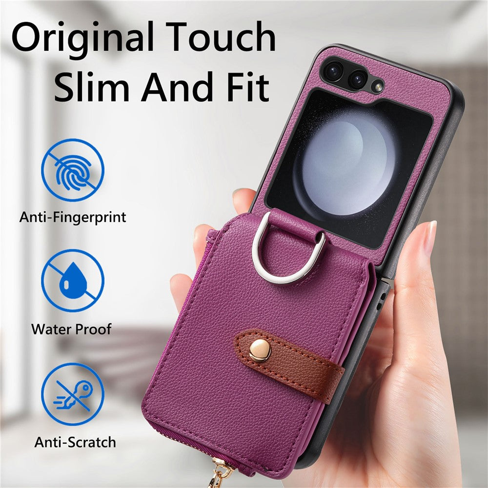 For Samsung Galaxy Z Flip7 FE 5G / Z Flip6 5G Case Zipper Pocket Leather+PC Phone Cover with Ring Holder - Purple