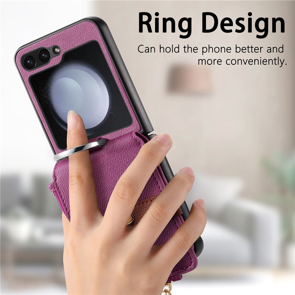 For Samsung Galaxy Z Flip7 FE 5G / Z Flip6 5G Case Zipper Pocket Leather+PC Phone Cover with Ring Holder - Purple