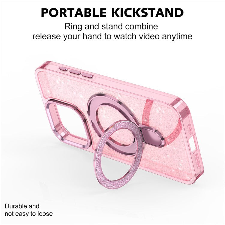 For iPhone 16 Pro Kickstand Case Glitter Design TPU+PC Hybrid Phone Cover - Transparent