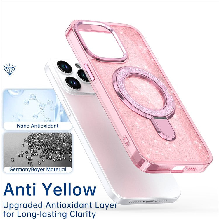 For iPhone 16 Pro Kickstand Case Glitter Design TPU+PC Hybrid Phone Cover - Transparent