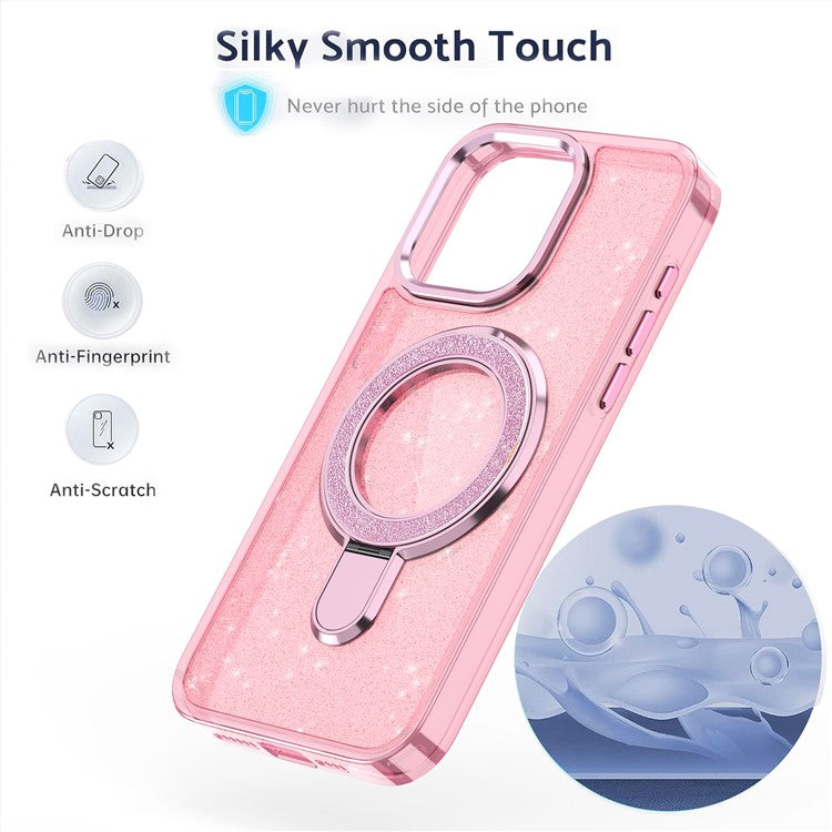 For iPhone 16 Pro Kickstand Case Glitter Design TPU+PC Hybrid Phone Cover - Transparent