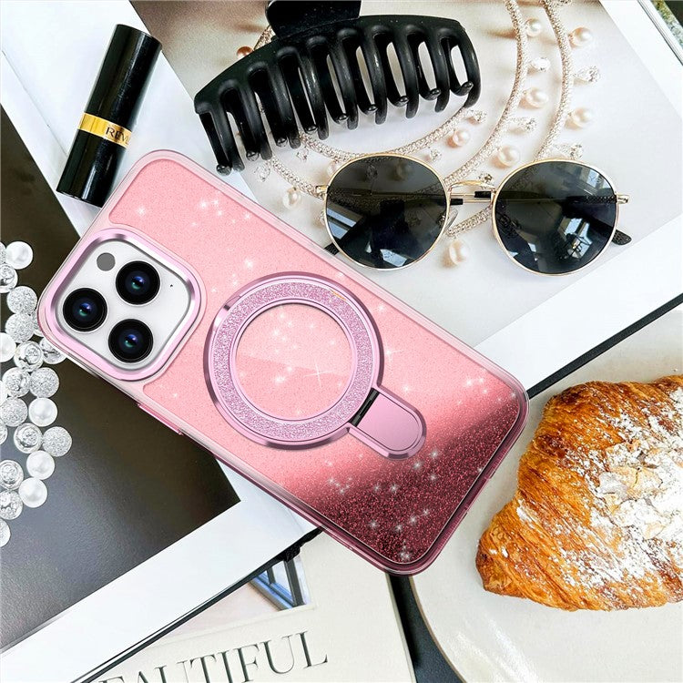 For iPhone 16 Pro Kickstand Case Glitter Design TPU+PC Hybrid Phone Cover - Transparent