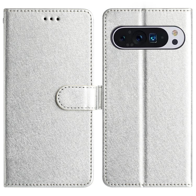 For Google Pixel 9 / 9 Pro Case Silk Texture Anti-fall Leather Wallet Stand Smartphone Cover - Silver