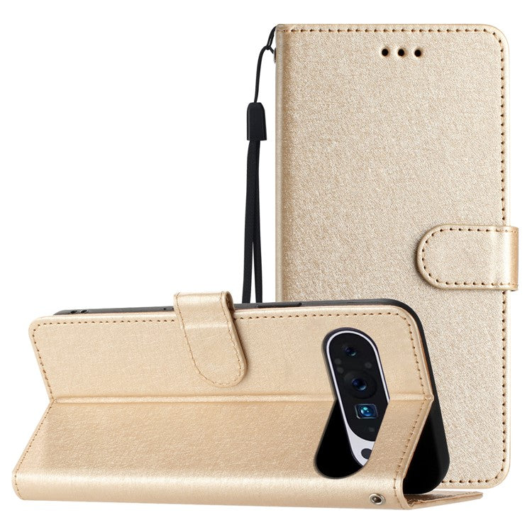 For Google Pixel 9 / 9 Pro Case Silk Texture Anti-fall Leather Wallet Stand Smartphone Cover - Gold