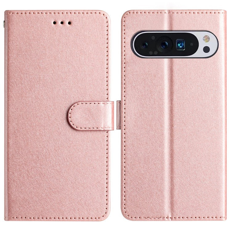 For Google Pixel 9 / 9 Pro Case Silk Texture Anti-fall Leather Wallet Stand Smartphone Cover - Rose Gold
