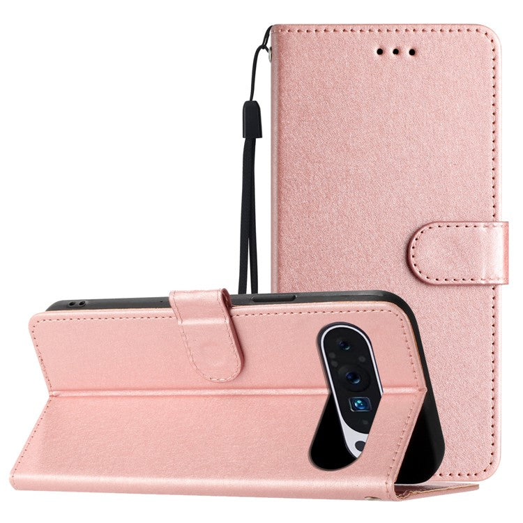 For Google Pixel 9 / 9 Pro Case Silk Texture Anti-fall Leather Wallet Stand Smartphone Cover - Rose Gold