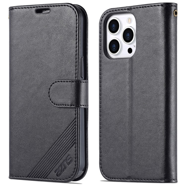 AZNS For iPhone 16 Pro Stand Case Anti-Drop PU Leather Wallet Phone Cover - Black