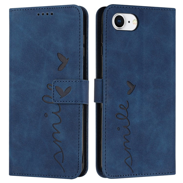 For iPhone 16e Case PU Leather Wallet Phone Cover Smile Love Heart Pattern - Sapphire