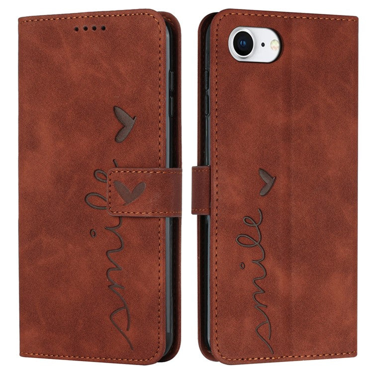 For iPhone 16e Case PU Leather Wallet Phone Cover Smile Love Heart Pattern - Brown