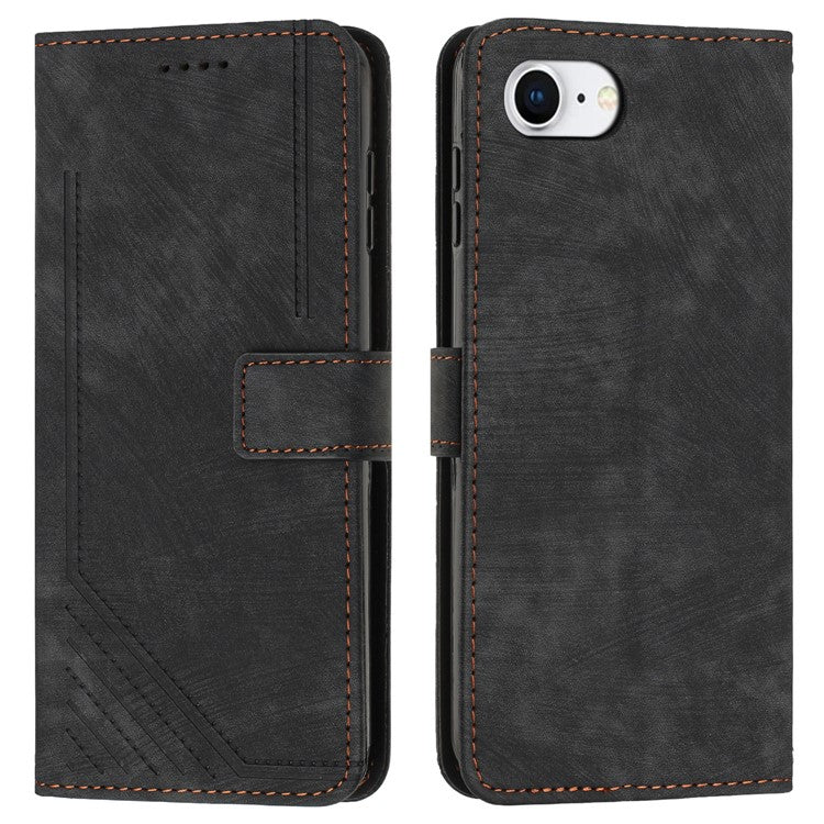 For iPhone 16e Case Lines Pattern Skin-Touch Leather Wallet Phone Cover - Black