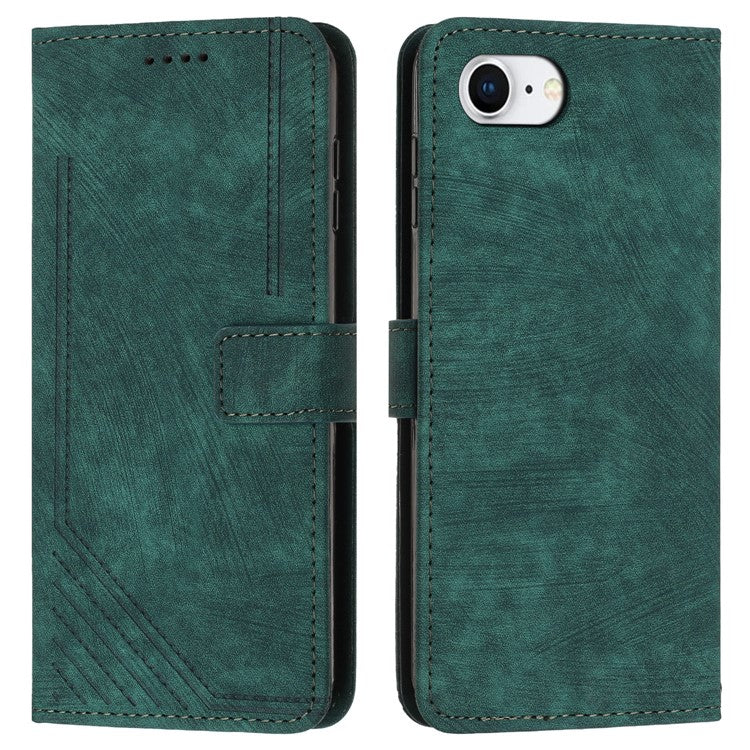 For iPhone 16e Case Lines Pattern Skin-Touch Leather Wallet Phone Cover - Green