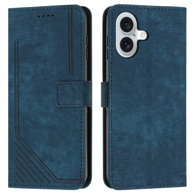 For iPhone 16 Case Lines Pattern Leather Phone Cover Card Holder Stand Wrist Strap - Sapphire
