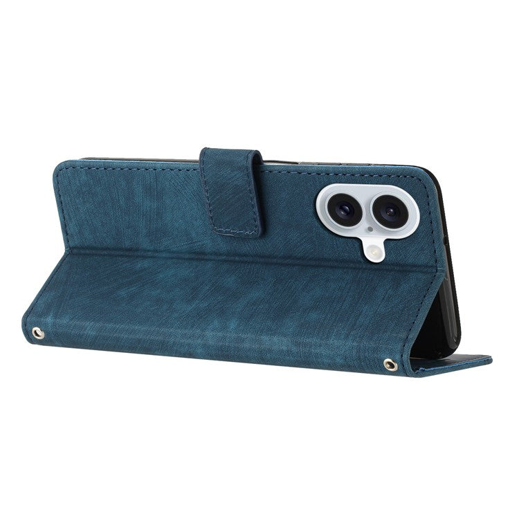 For iPhone 16 Case Lines Pattern Leather Phone Cover Card Holder Stand Wrist Strap - Sapphire