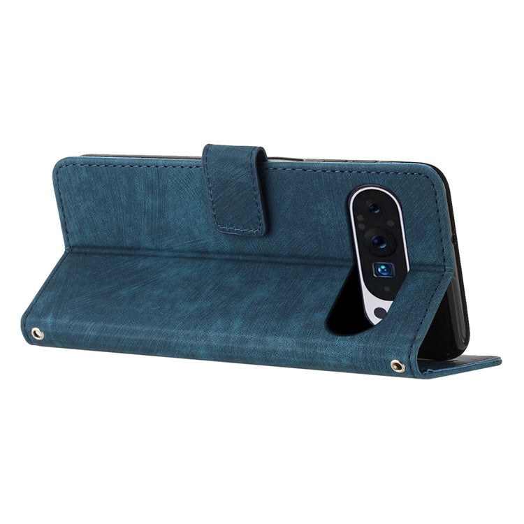 For Google Pixel 9 Pro XL Case Lines Imprinted Folio Flip Leather Phone Cover - Sapphire