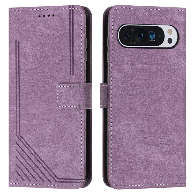 For Google Pixel 9 Pro XL Case Lines Imprinted Folio Flip Leather Phone Cover - Purple