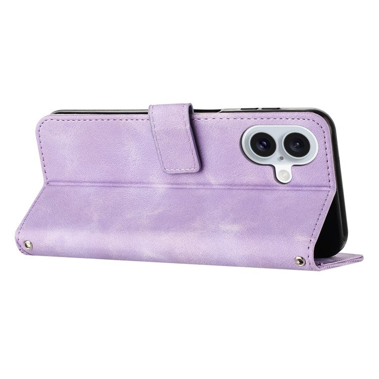 For iPhone 16 Case Triangle Pattern PU Leather+TPU Phone Cover Phone Cover Hand Strap Stand - Purple