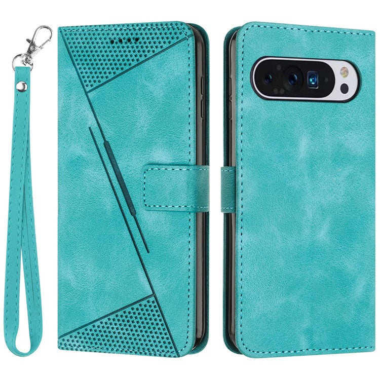 For Google Pixel 9 Pro XL Case Triangle Pattern Leather Wallet Purse Handbag Phone Cover - Green