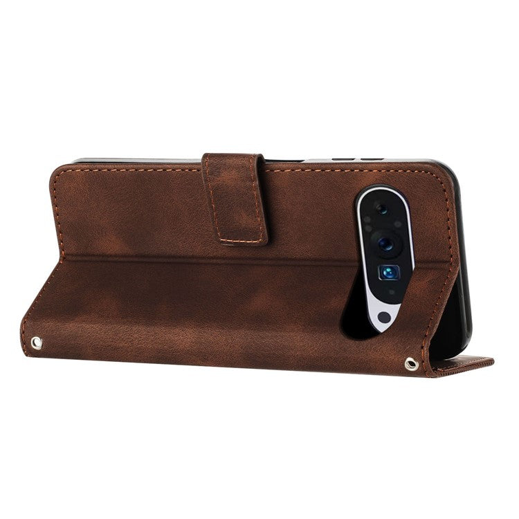 For Google Pixel 9 / Pixel 9 Pro Phone Case Purse Triangle Pattern Leather Handbag Phone Cover - Brown