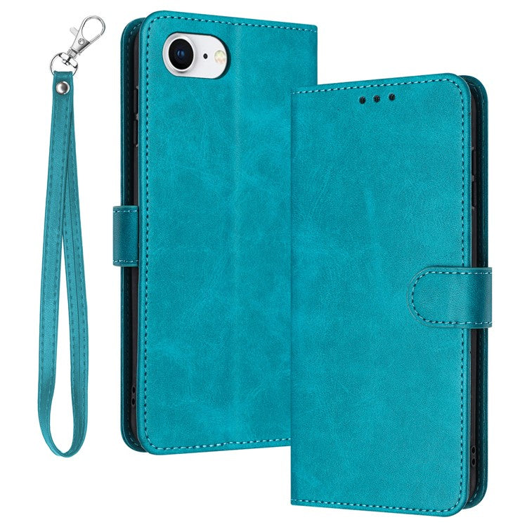 For iPhone 16e Case Calf Texture Leather Wallet Shockproof Flip Cover with Hand Strap - Green