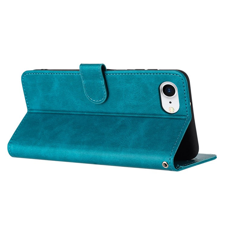 For iPhone 16e Case Calf Texture Leather Wallet Shockproof Flip Cover with Hand Strap - Green