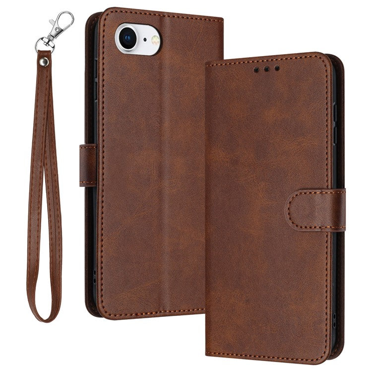 For iPhone 16e Case Calf Texture Leather Wallet Shockproof Flip Cover with Hand Strap - Brown