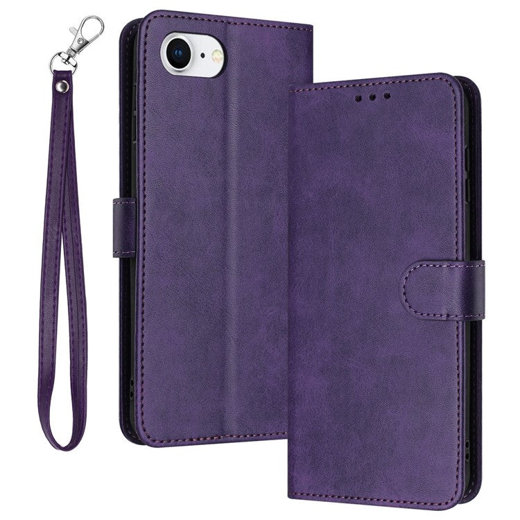 For iPhone 16e Case Calf Texture Leather Wallet Shockproof Flip Cover with Hand Strap - Purple