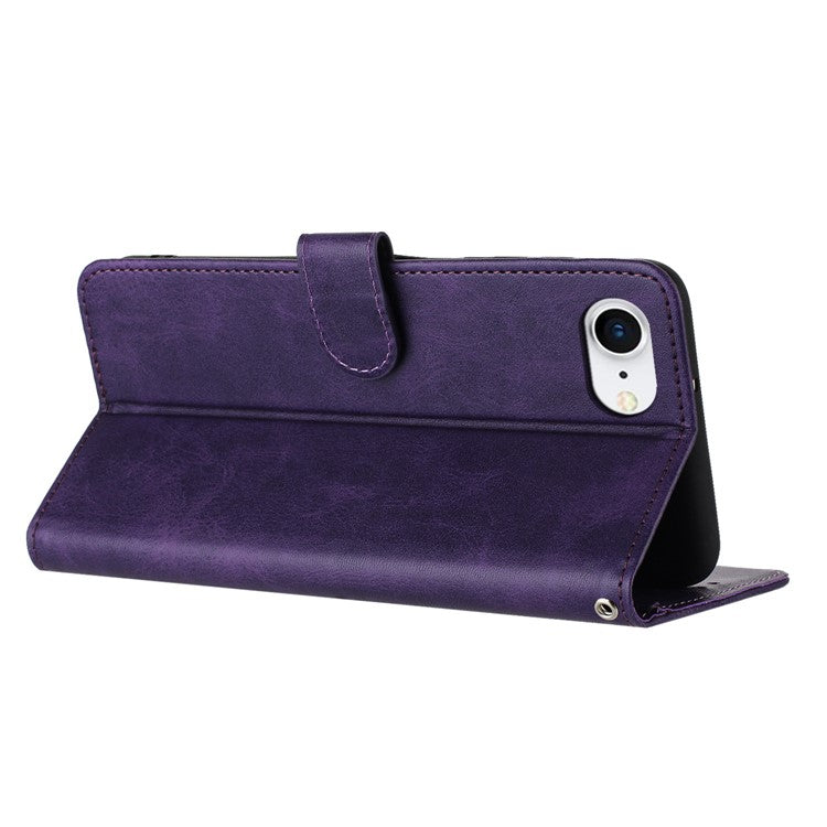 For iPhone 16e Case Calf Texture Leather Wallet Shockproof Flip Cover with Hand Strap - Purple