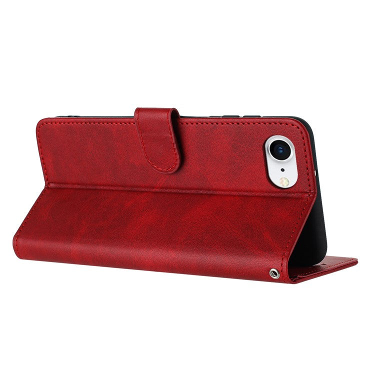 For iPhone 16e Case Calf Texture Leather Wallet Shockproof Flip Cover with Hand Strap - Red
