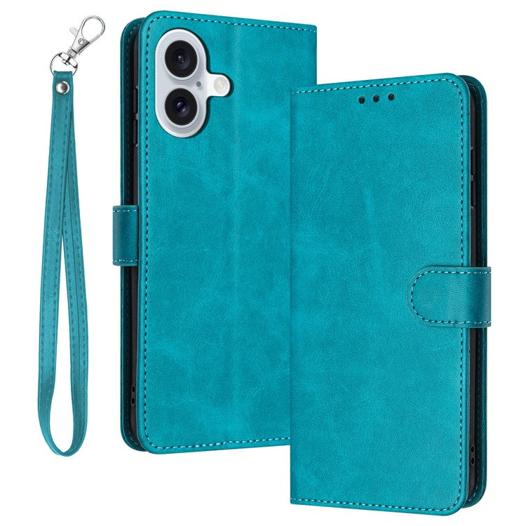 For iPhone 16 Wallet Case Calf Texture Leather Phone Cover Purse with Hand Strap - Green
