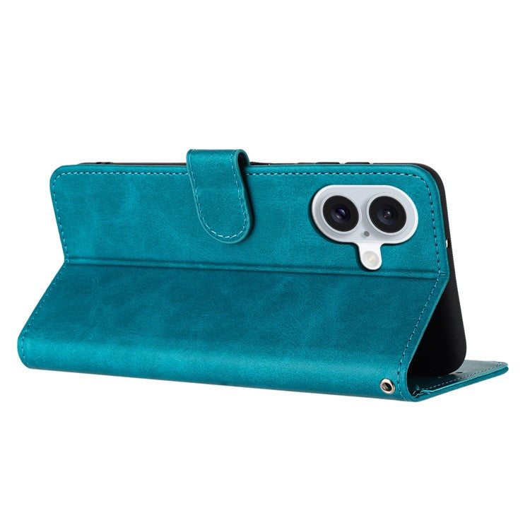 For iPhone 16 Wallet Case Calf Texture Leather Phone Cover Purse with Hand Strap - Green