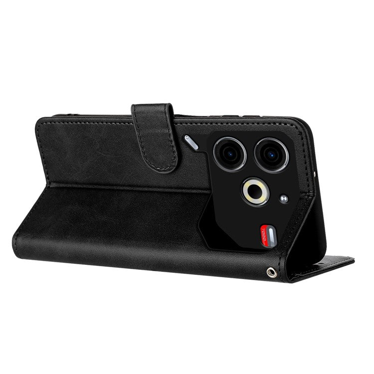 For TECNO Pova 6 Neo Case Calf Texture Leather Phone Cover with Card Holders Stand Hand Strap - Black