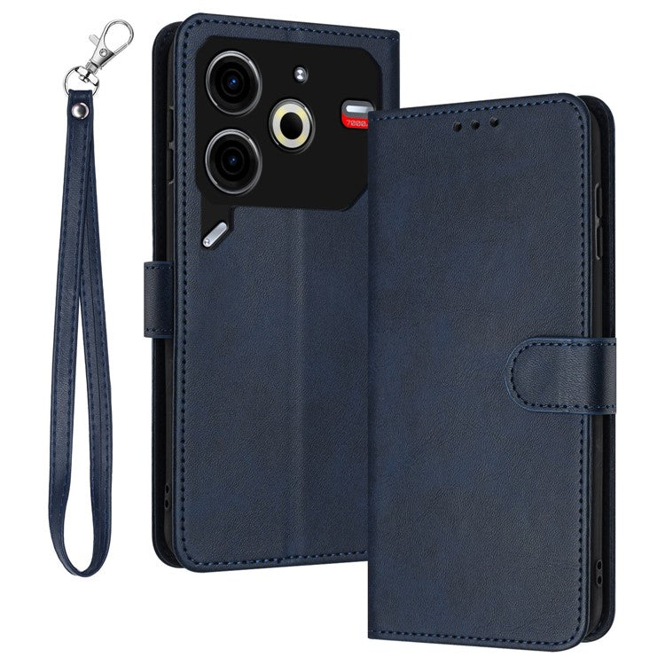 For TECNO Pova 6 Neo Case Calf Texture Leather Phone Cover with Card Holders Stand Hand Strap - Sapphire