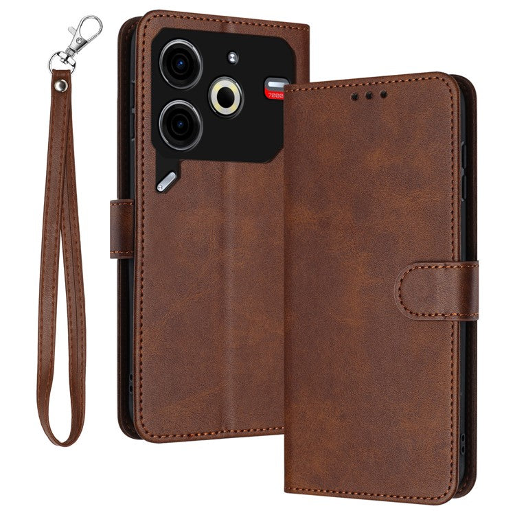 For TECNO Pova 6 Neo Case Calf Texture Leather Phone Cover with Card Holders Stand Hand Strap - Brown