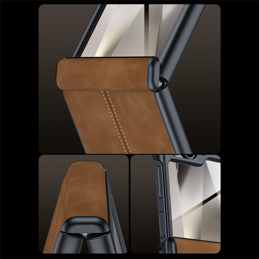 For Samsung Galaxy Z Flip7 FE 5G / Z Flip6 5G Case Hinge Leather+PC Phone Cover with Rear Screen Film - Brown