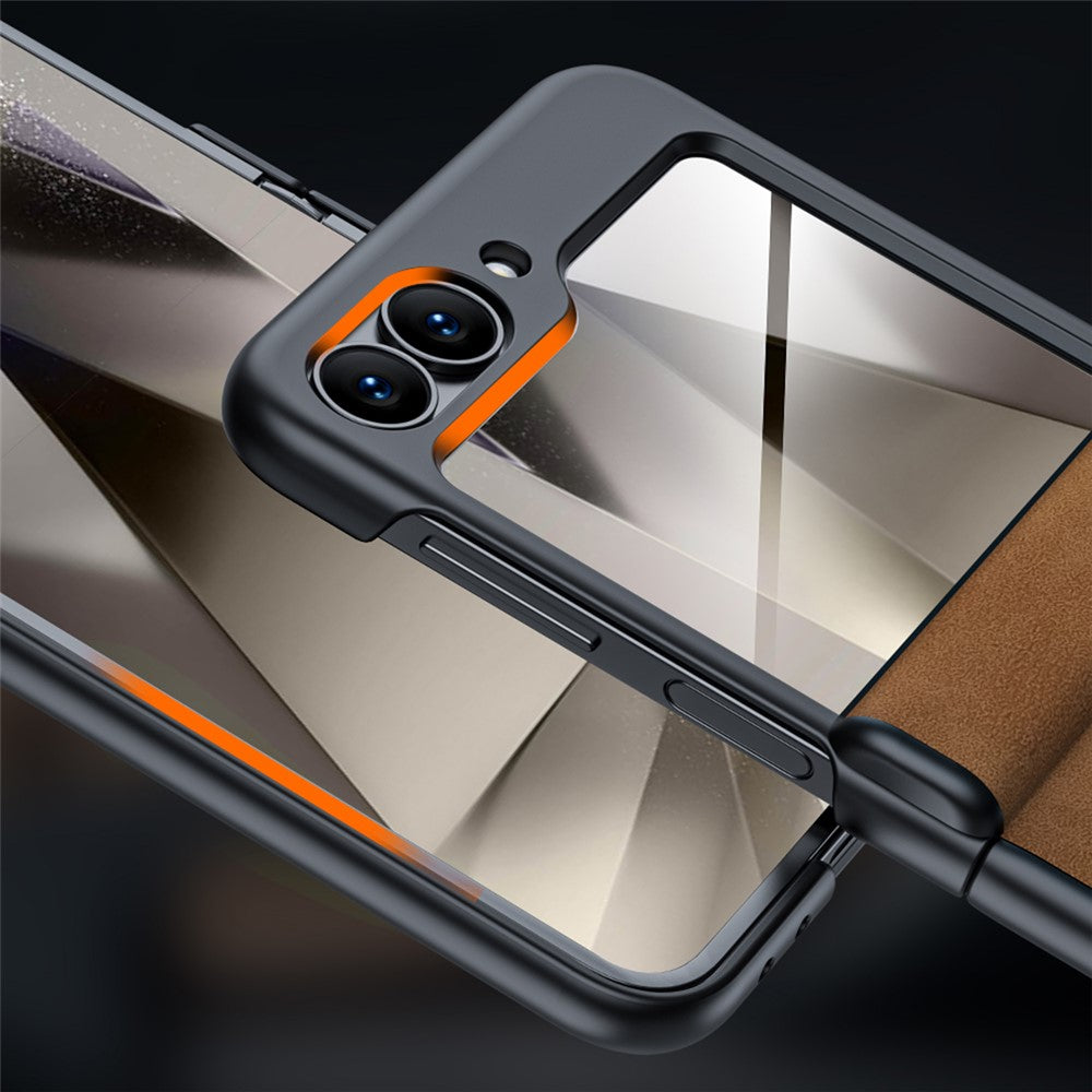 For Samsung Galaxy Z Flip7 FE 5G / Z Flip6 5G Case Hinge Leather+PC Phone Cover with Rear Screen Film - Brown